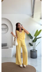 Aurora Gold Düğmeli Yelek Pantolon Takım - Sarı - 8009