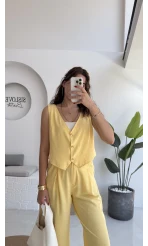 Aurora Gold Düğmeli Yelek Pantolon Takım - Sarı - 8009