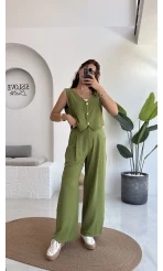 Aurora Gold Düğmeli Yelek Pantolon Takım - Yeşil - 8009