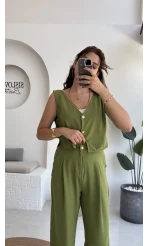 Aurora Gold Düğmeli Yelek Pantolon Takım - Yeşil - 8009