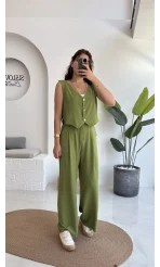 Aurora Gold Düğmeli Yelek Pantolon Takım - Yeşil - 8009