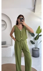 Aurora Gold Düğmeli Yelek Pantolon Takım - Yeşil - 8009