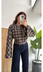 Avani Ekose Desenli Bluz - Kahverengi