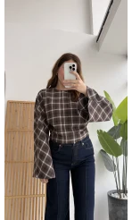 Avani Ekose Desenli Bluz - Kahverengi