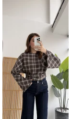 Avani Ekose Desenli Bluz - Kahverengi