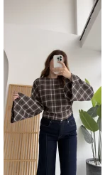 Avani Ekose Desenli Bluz - Kahverengi