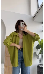Ayrobin Kumaş Oversize Gömlek - Fıstık Yeşili