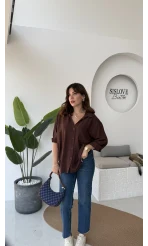 Ayrobin Kumaş Oversize Gömlek - Kahverengi
