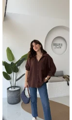 Ayrobin Kumaş Oversize Gömlek - Kahverengi