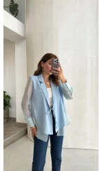 Bağcıklı Garnili Transparan Ceket - Bebe Mavisi - Kod: 9739
