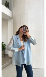 Bağcıklı Garnili Transparan Ceket - Bebe Mavisi - Kod: 9739
