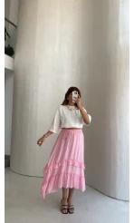 Bağcıklı Katlı Etek - Pembe - Kod: 5095