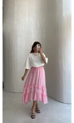 Bağcıklı Katlı Etek - Pembe - Kod: 5095