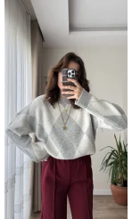 Baklava Desenli Gri Kazak