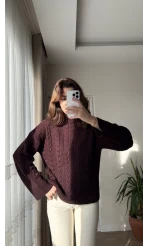 Balıkçı Yaka Örgü Model Kazak Bordo