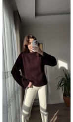 Balıkçı Yaka Örgü Model Kazak Bordo