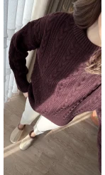 Balıkçı Yaka Örgü Model Kazak Bordo