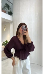 Ballet Dantel Detay Beli Lastikli Bluz - Kahve - Kod: 1093