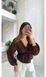 Ballet Dantel Detay Beli Lastikli Bluz - Kahve - Kod: 1093