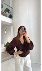 Ballet Dantel Detay Beli Lastikli Bluz - Kahve - Kod: 1093