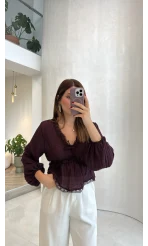 Ballet Dantel Detay Beli Lastikli Bluz - Kahve - Kod: 1093