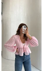 Balon Kol Beli Büzgülü Bluz - Pembe - Kod: 1066