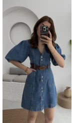 Balon Kol Denim Elbise - Kod: 7526
