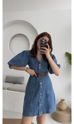 Balon Kol Denim Elbise - Kod: 7526