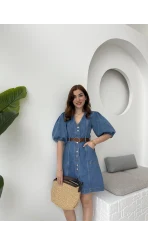 Balon Kol Denim Elbise - Kod: 7526
