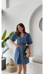 Balon Kol Denim Elbise - Kod: 7526