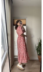 Balon Kol Kırmızı Çiçekli Midi Boy Elbise