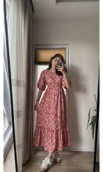 Balon Kol Kırmızı Çiçekli Midi Boy Elbise