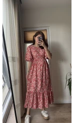 Balon Kol Kırmızı Çiçekli Midi Boy Elbise