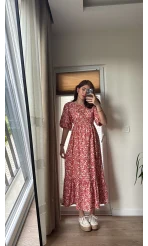 Balon Kol Kırmızı Çiçekli Midi Boy Elbise