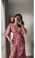 Balon Kol Kırmızı Çiçekli Midi Boy Elbise