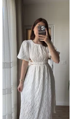 Balon Kol Kuşaklı Beyaz Elbise - 7976