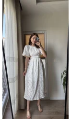 Balon Kol Kuşaklı Beyaz Elbise - 7976