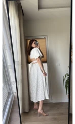 Balon Kol Kuşaklı Beyaz Elbise - 7976