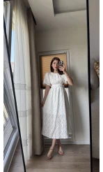 Balon Kol Kuşaklı Beyaz Elbise - 7976