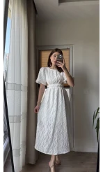 Balon Kol Kuşaklı Beyaz Elbise - 7976