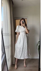 Balon Kol Kuşaklı Beyaz Elbise - 7976