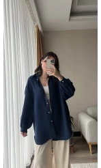 Balon Kol Lacivert Müslin Kumaş Gömlek