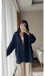 Balon Kol Lacivert Müslin Kumaş Gömlek