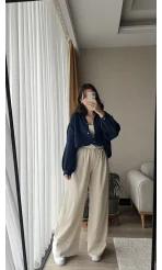 Balon Kol Lacivert Müslin Kumaş Gömlek