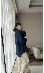 Balon Kol Lacivert Müslin Kumaş Gömlek