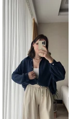 Balon Kol Lacivert Müslin Kumaş Gömlek