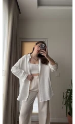 Balon Kol Müslin Gömlek - Beyaz - 2012