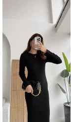 Basic Fitili Uzun Elbise Siyah