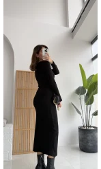 Basic Fitili Uzun Elbise Siyah