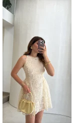 Beautiful Çiçek Dokulu Mini Elbise - Ekru - Kod: 00883